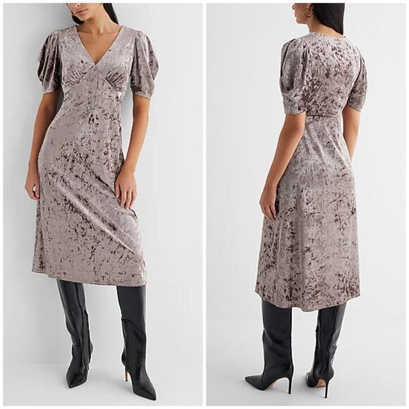 Express Dresses & Skirts - NWT EXPRESS Crushed Velvet V-Neck Puff Sleeve Midi Dress Sz Medium